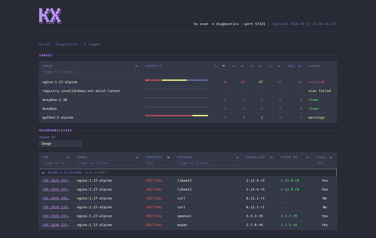 kx scan --html dashboard in the dracula theme
