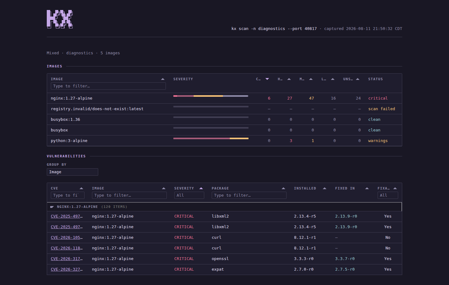 kx scan --html dashboard in the rose-pine theme