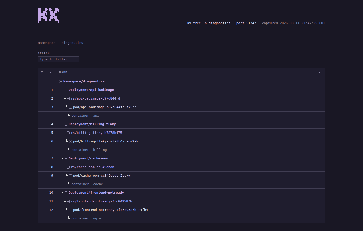 kx tree --html dashboard in the rose-pine theme